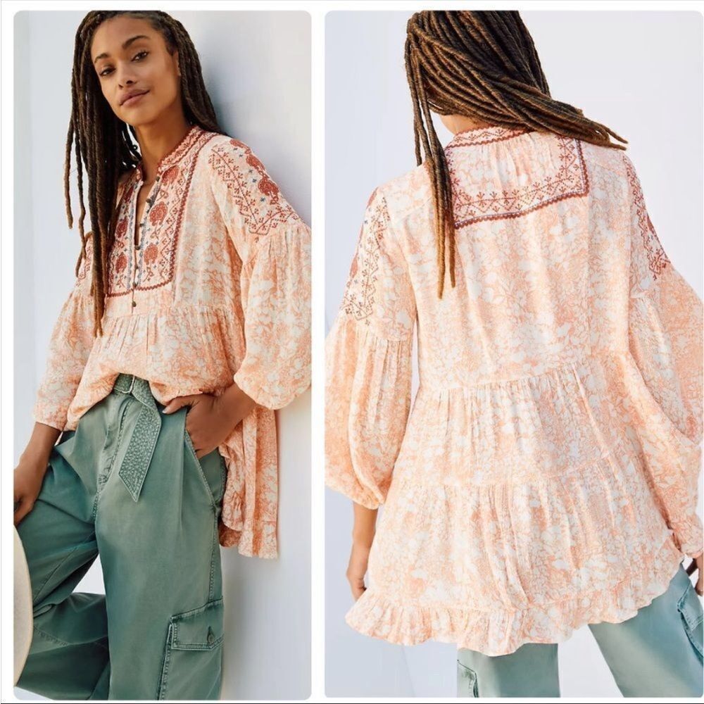 ANTHROPOLOGIE | Claudia Embroidered Long Sleeve Tunic Top Orange Women’s Size XS